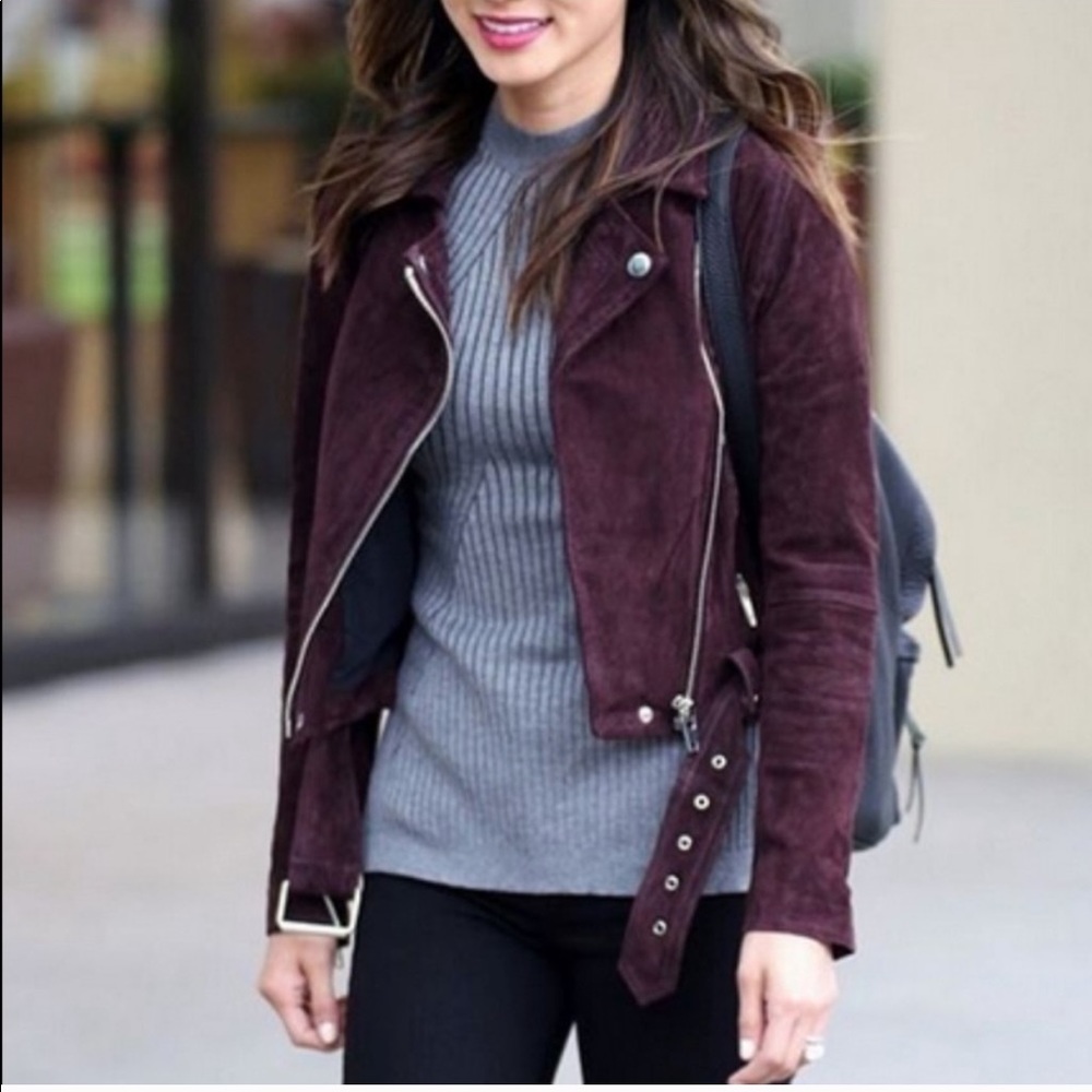 Black NYC burgundy suede midi jacket with belt